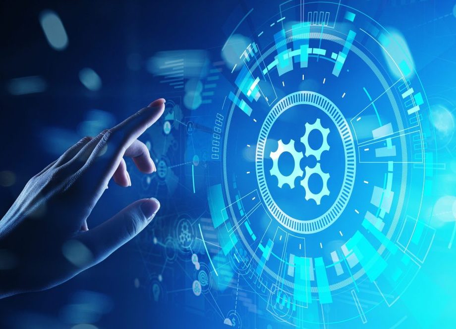 A hand reaching towards a glowing digital interface with gear icons, representing technology, automation, or system operations, on a blue futuristic background with data and circuit patterns.