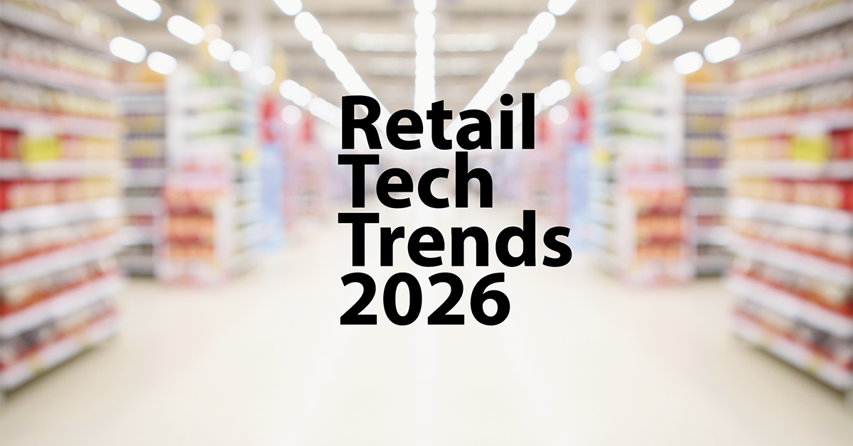 Text Retail Tech Trends 2026 over a blurred image of shop aisles with shelves filled with various products. The background suggests a modern retail environment.